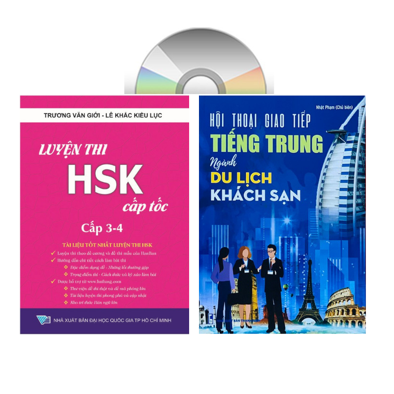 Sách - combo: Luyện thi HSK cấp tốc tập 2 (tương đương HSK 3+4 kèm CD) + Hội thoại giao tiếp tiếng Trung ngành du lịch khách sạn có audio nghe +DVD tài liệu