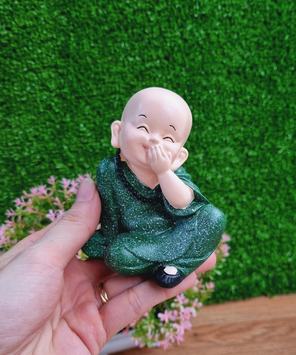 Bộ 03 tượng chú tiểu Tam Không áo xanh lá 10cm - tặng kèm 50 xu vàng mini may mắn