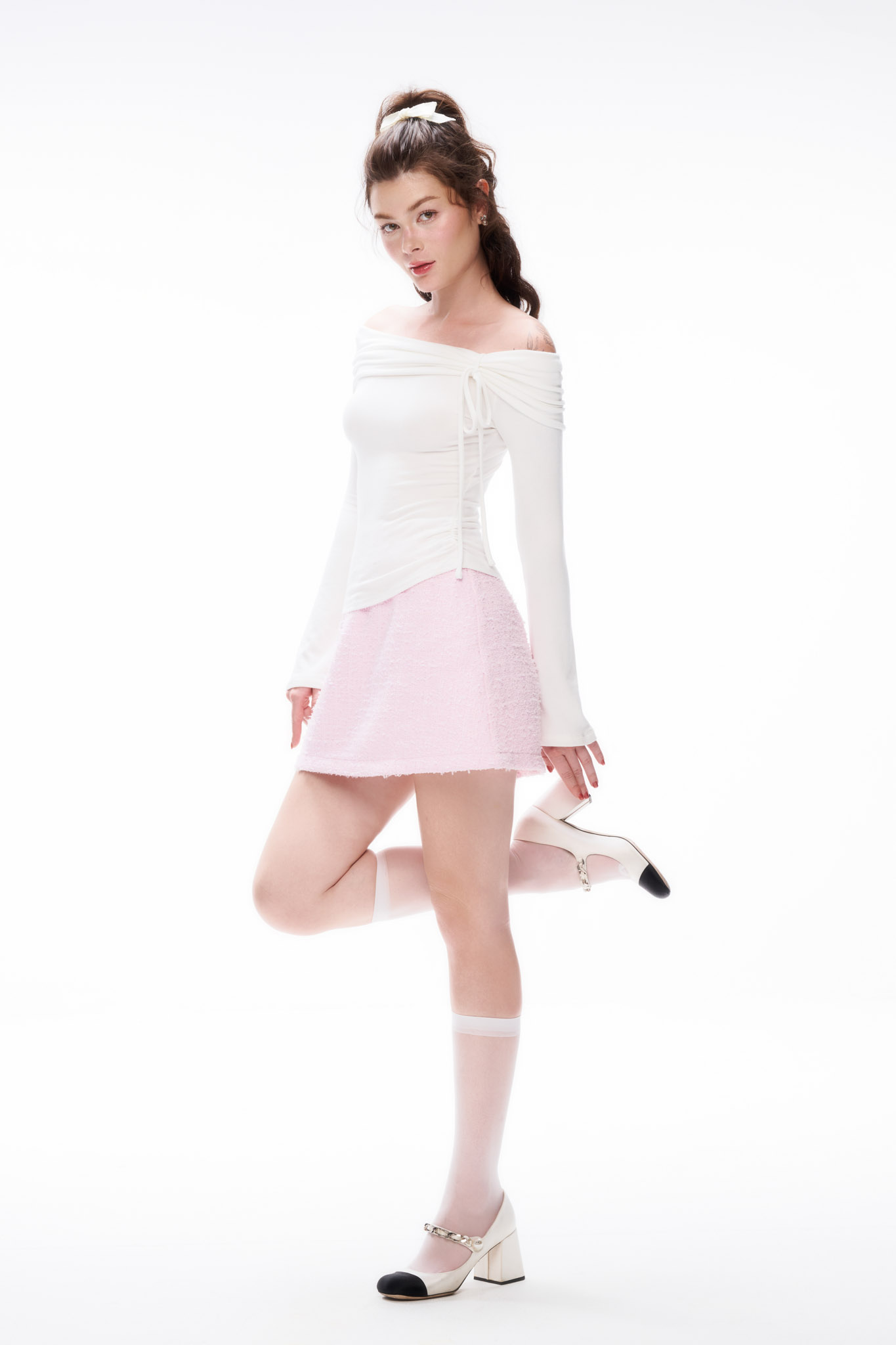 DOTTIE - Chân váy tweed chữ A - Hồng nhạt - S0255
