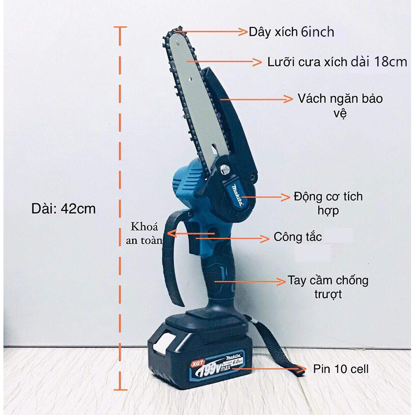 Máy cưa xích cầm tay, máy cưa gỗ mini dùng pin M..K.T 199V pin 10cell cắt gỗ tỉa cành