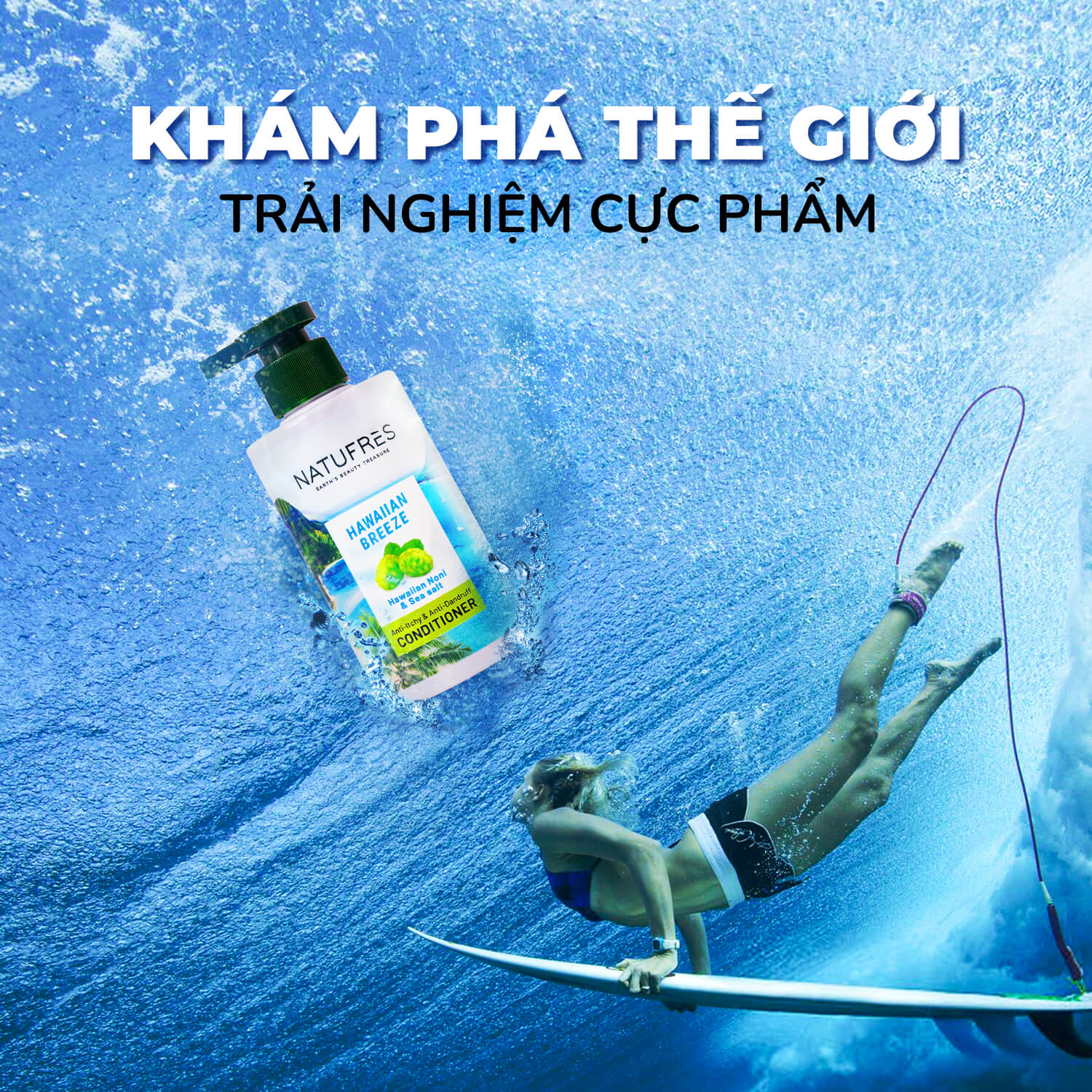 Dầu xả NATUFRÈS Hawaiian Breeze Muối Biển và Trái Nhàu - Điều tiết bã nhờn &amp; chống bết dính, tóc mềm mượt 250ml
