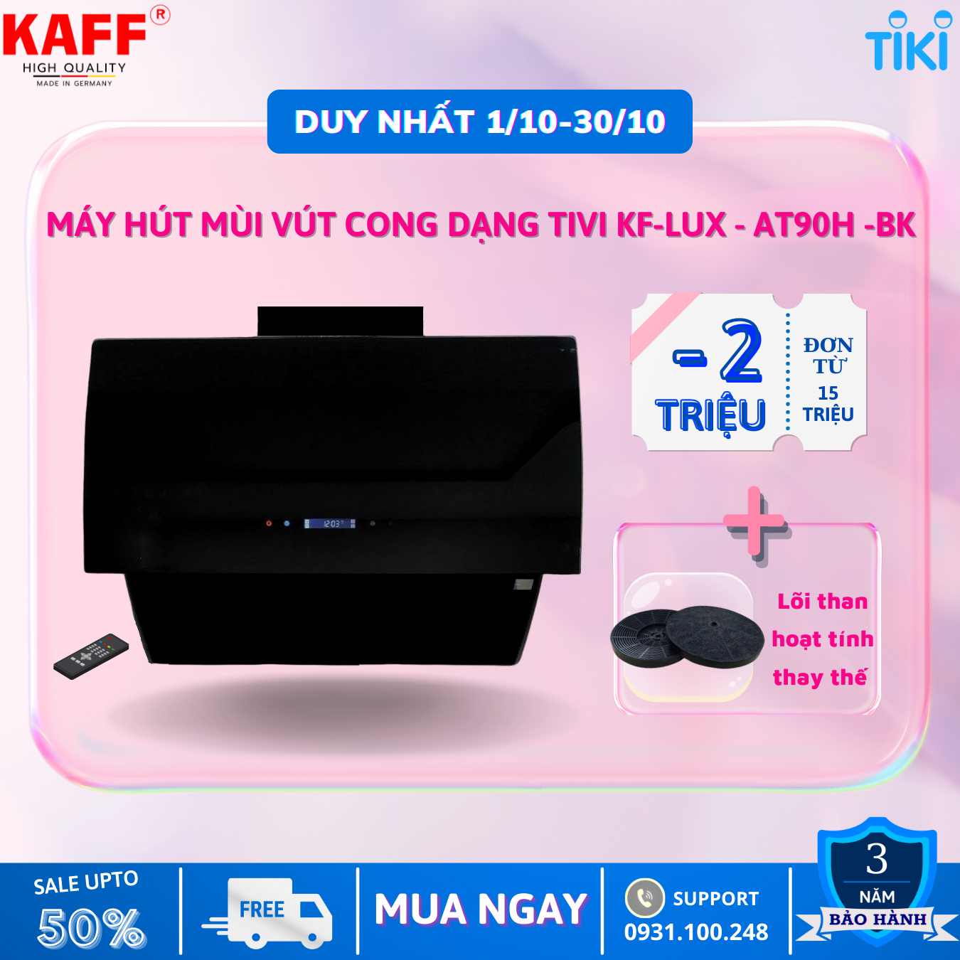 Máy hút mùi kính cong dạng TV cảm ứng điều khiển từ xa 900mm KAFF KF-LUX-AT90H-BK Tặng bộ lọc than thay thế  - Hàng Chính Hãng