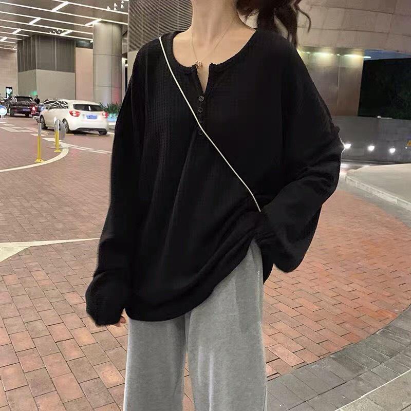 Áo Ulzzang Thun Len Mỏng Tay Bo Cúc Cài Dáng Rộng Cổ V
