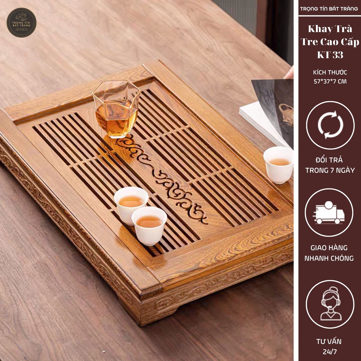 KT 33 Khay Trà Tre Cao Cấp Chữ Nhật Kích Thước 57*37*7