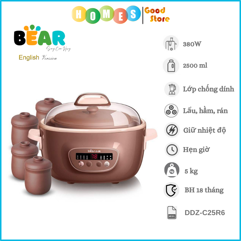 Nồi Tử Sa Nấu Chậm, Nồi Chưng Yến, Nồi Nấu Cháo Tiềm Thuốc Bắc BEAR DDZ-C25R6 Kèm Lồng Hấp Dung Tích 2.5 Lít Công Suất 380 W - Hàng Chính Hãng