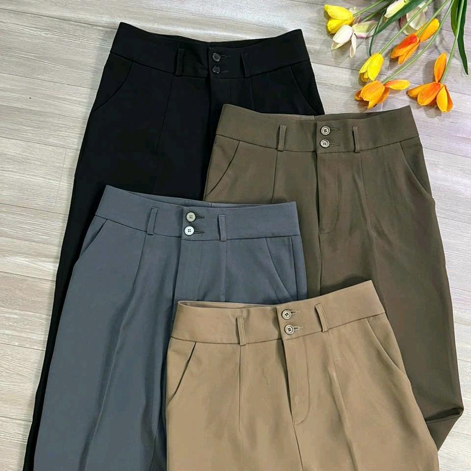 Quần Baggy Nữ Dáng Dài Vải Hàn Quốc Không Nhăn Phong Cách Sang Trọng &amp; Thanh Lịch Kem Kaki Nhung Voi Lưng Cao