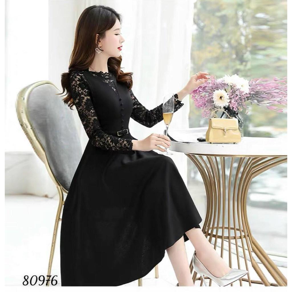 ĐẦM CÔNG SỞ PHỐI TAY REN DÀI TAY KÈM THẮT LƯNG SANG TRỌNG-D09