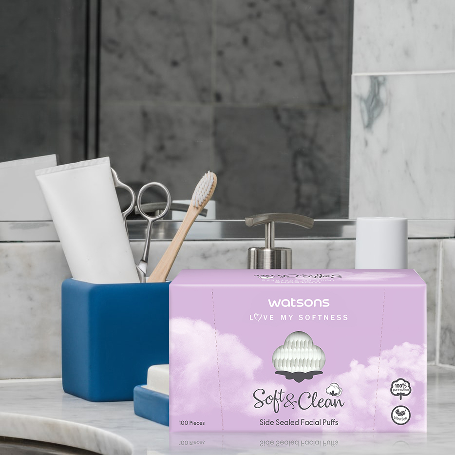 Bông Tẩy Trang Watsons Love My Softness Soft & Clean Side Sealed Facial Puff Cuốn Biên 100 Miếng