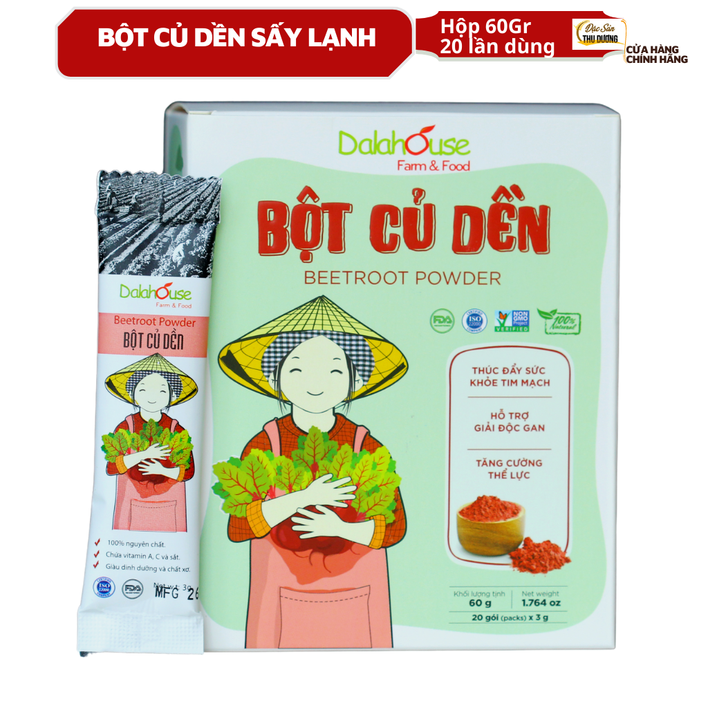 Bột củ dền hữu cơ sấy lạnh Dalahouse - Hộp 20 gói 3gr tiện lợi - Thúc đẩy sức khỏe tim mạch, hỗ trợ giải độc gan, tăng cường thể lực