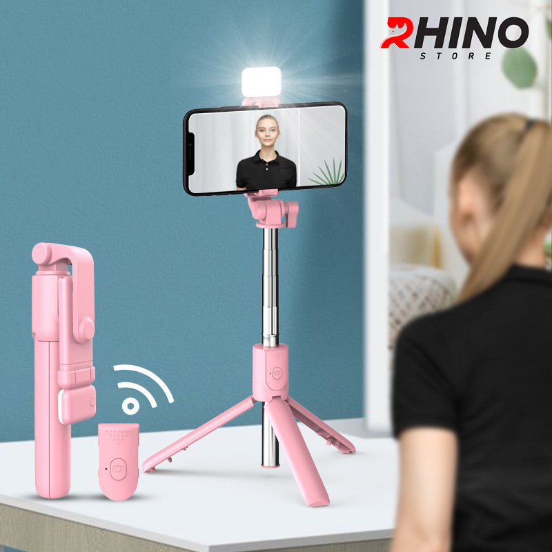 Gậy chụp ảnh cầm tay, kệ đỡ điện thoại 3 chân Rhino KP101 kèm bóng đèn LED với 6 thanh inox dài - Hàng chính hãng