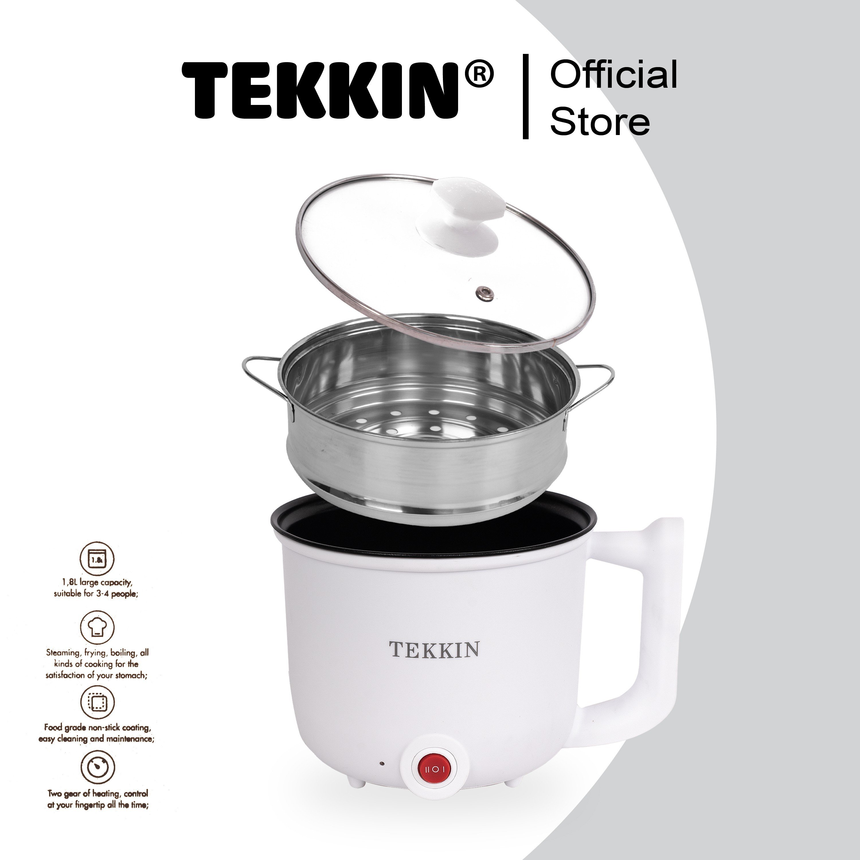 Nồi lẩu điện mini TEKKIN 1.8L 2 tầng đa năng tặng xửng hấp inox - hàng nhập khẩu