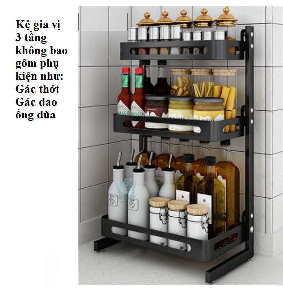 Kệ đựng gia vị 2 Tầng kèm phụ kiện siêu tiện dụng, phủ sơn tĩnh điện, Kệ gia vị nhà bếp inox đa năng, cao cấp- GD478-KGVDEN-2TPK