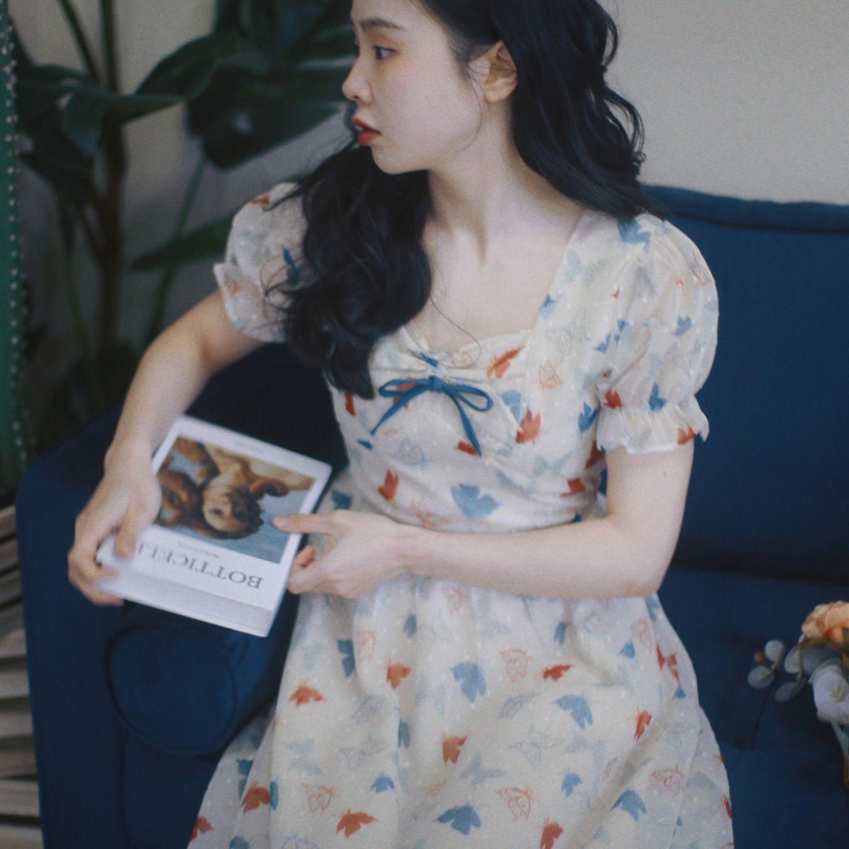 DIYIWEI Mùa hè 2023 Phong cách Pháp Vintage tươi in ngọt ngào váy màu tím mỏng mỏng váy che thịt