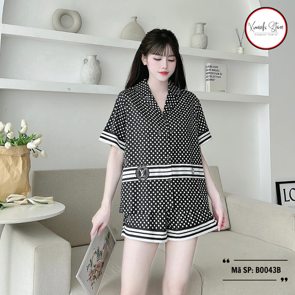 Bộ pijamas nữ áo cộc quần đùi họa tiết chấm bi chất lụa cao cấp Xumaki Store BO043B