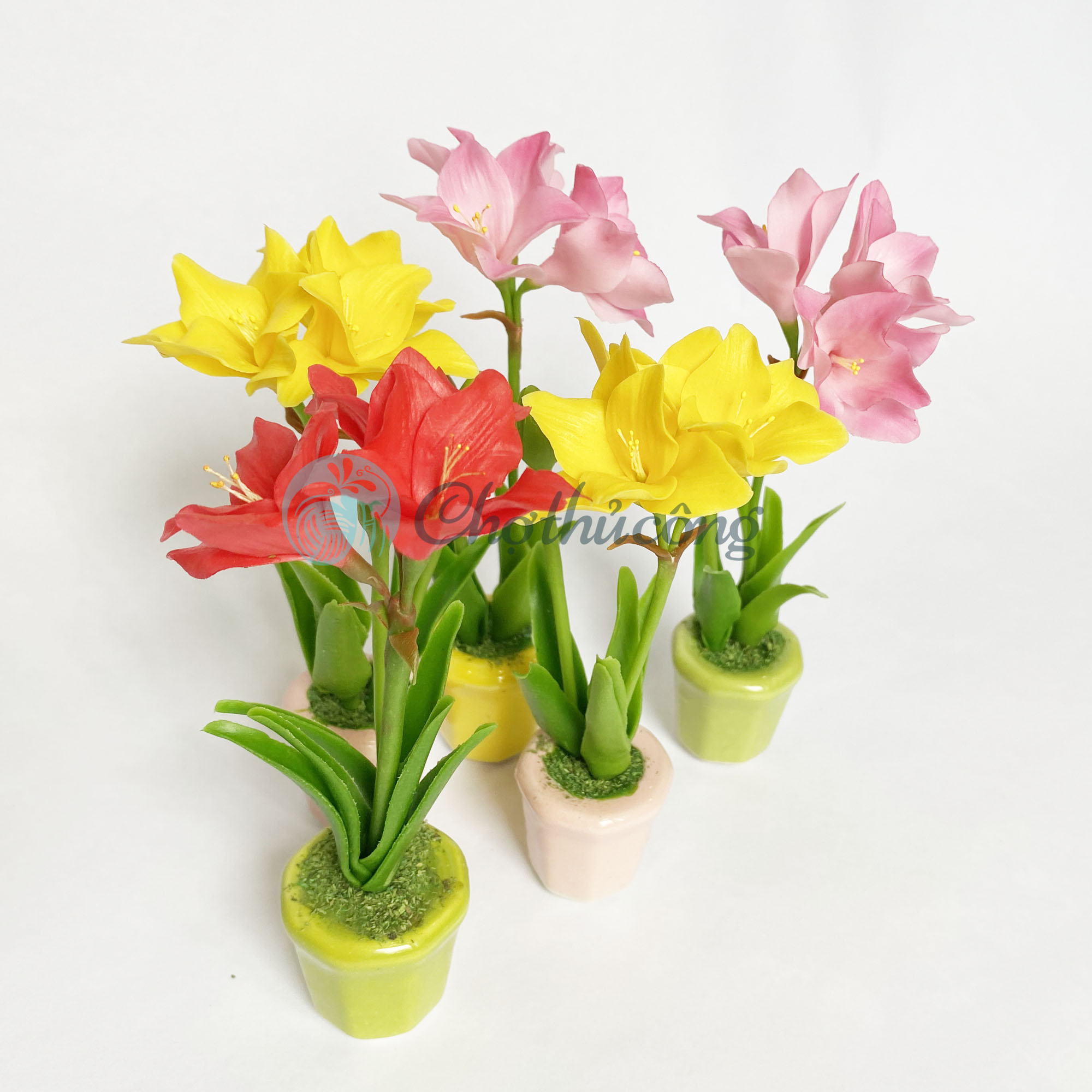 Chậu hoa huệ tây (loa kèn) đất sét mini Nhật Thái, chậu cây mini hoa handmade - chậu hoa giả để bàn, quà tặng handmade [Phát màu ngẫu nhiên]