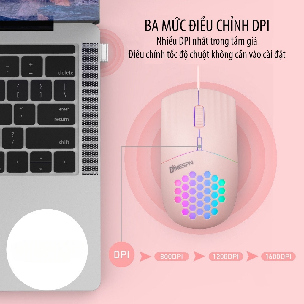 Chuột máy tính có dây giá Tốt, đèn LED RGB 1600 DPI hồng, hoạ tiết bắt mắt Dây Dài Thiết Kế Ôm Tay Thuận Cả 2 Tay Văn Phòng USB Cho Máy Tính Laptop Tivi - Hàng Nhập Khẩu