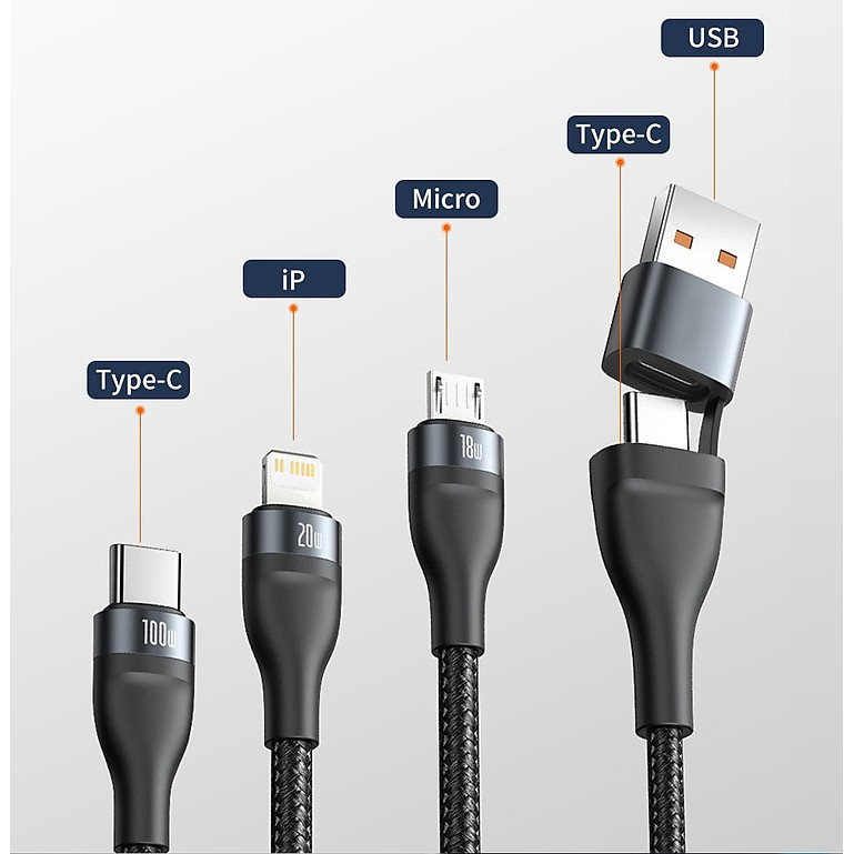 Dây sạc 3 đầu pd 100w qc4.0 Baseus lightling type c micro usb - cáp sạc 3 in 1 dài 1.2m cho iphone samsung xiaomi,...vv - hàng chính hãng