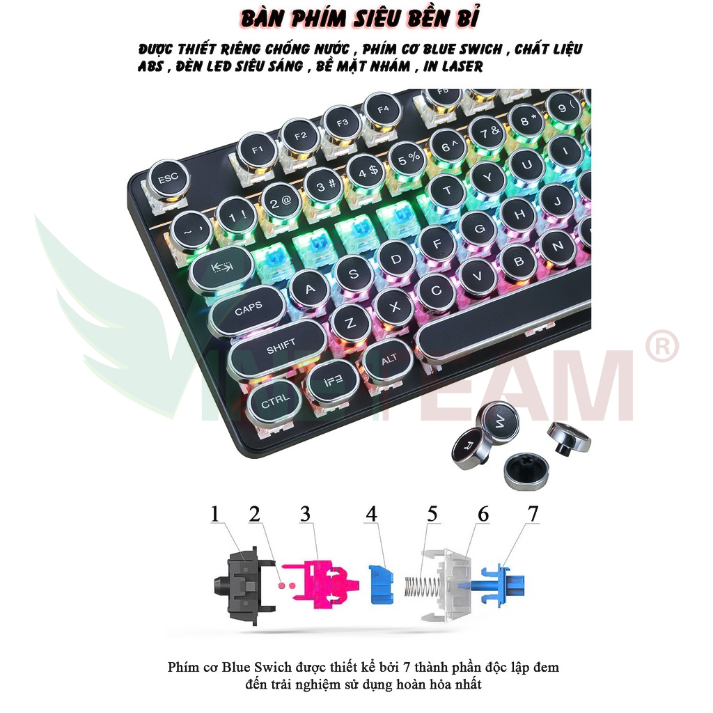 Bàn Phím Cơ Gaming Vinetteam HJK917 87 Phím Blue Switch Keycap Tròn Chống Nước Với 9 Chế Độ Led Khác Nhau - Hàng Chính Hãng