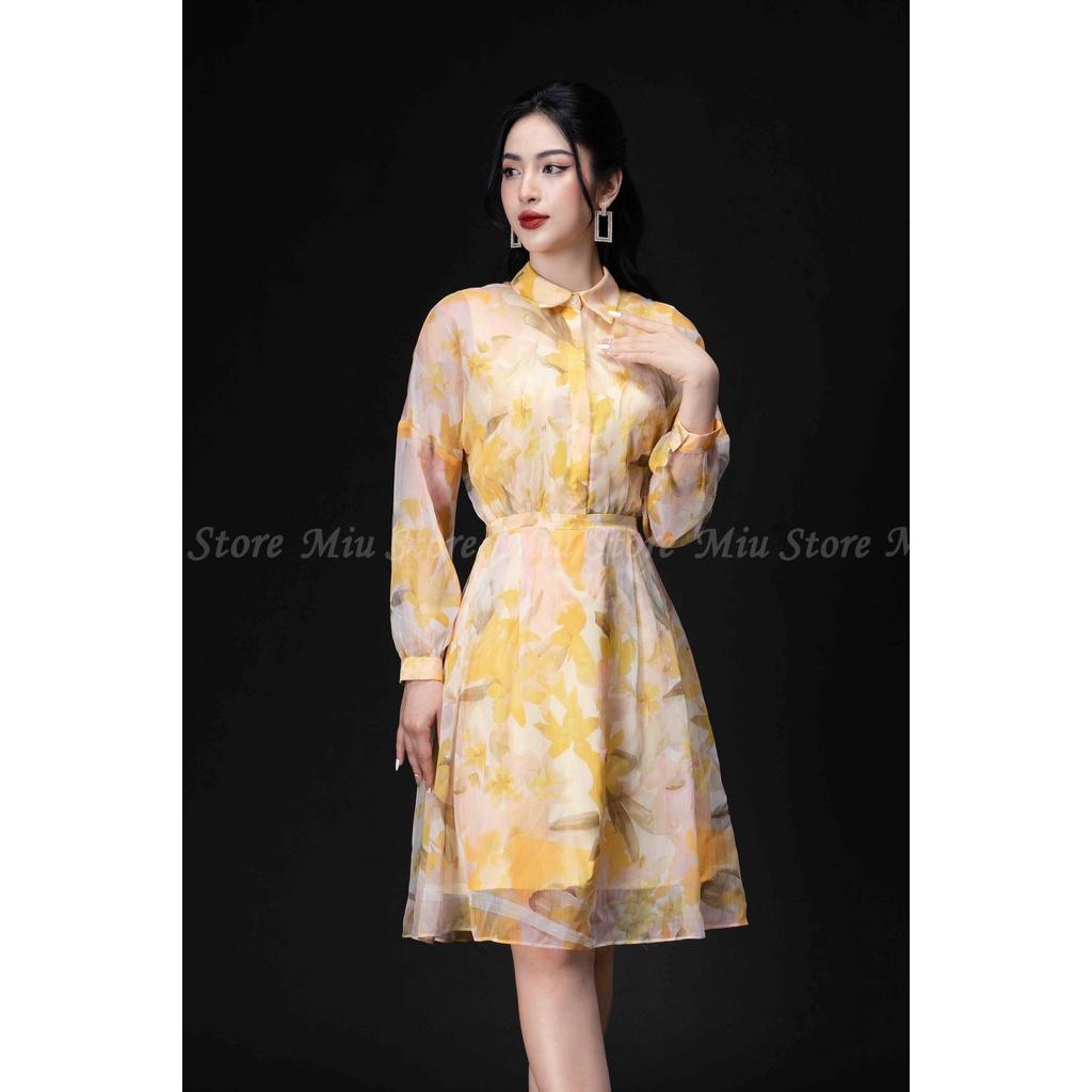D00463 - Đầm thiết kế cao cấp voan tơ cổ đức hoa vàng Miu Store