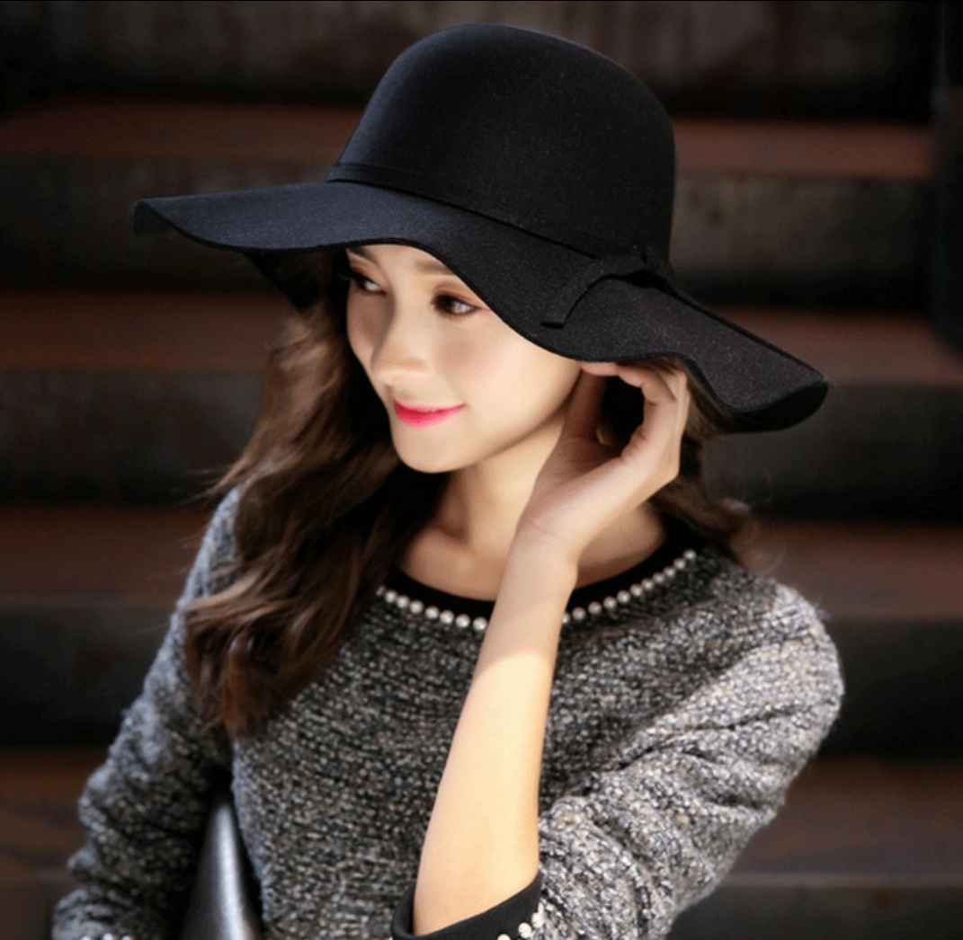 Mũ chống nắng rộng vành nữ nón đi biển màu đen fedora dona22030810