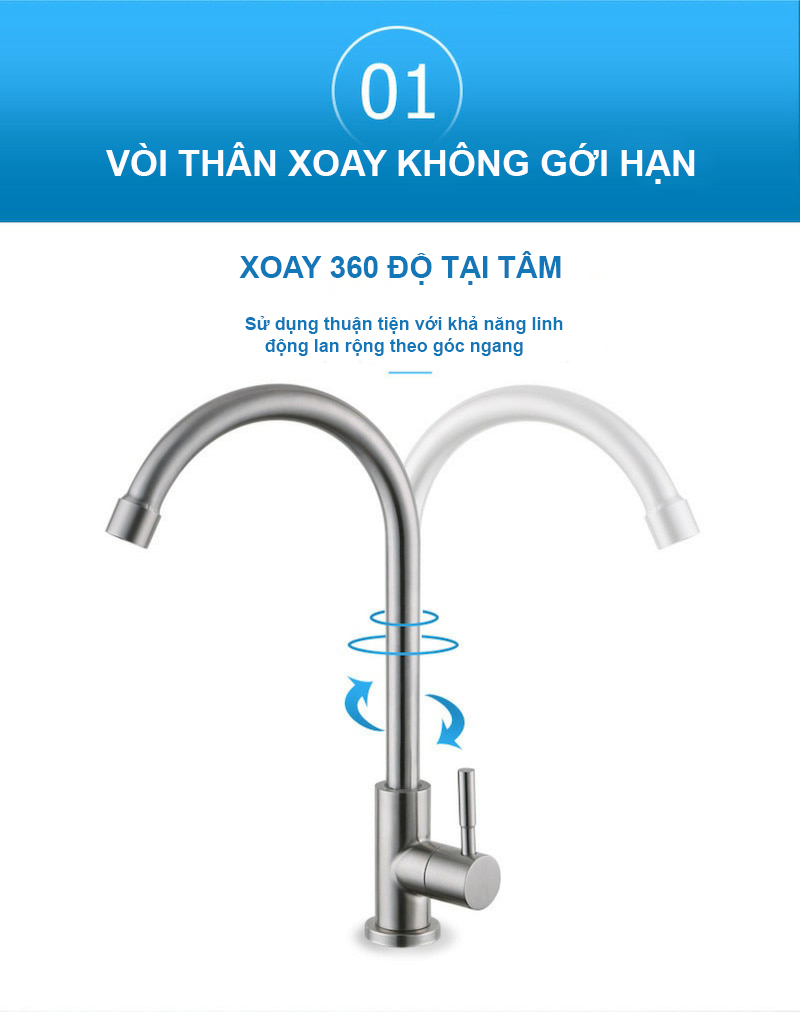 Vòi rửa bát inox 304 Pimisi gắn chậu rửa bát 1 đường nước lạnh đơn cho mọi loại chậu rửa chén phổ biến trong nhà bếp | Hàng chính hãng