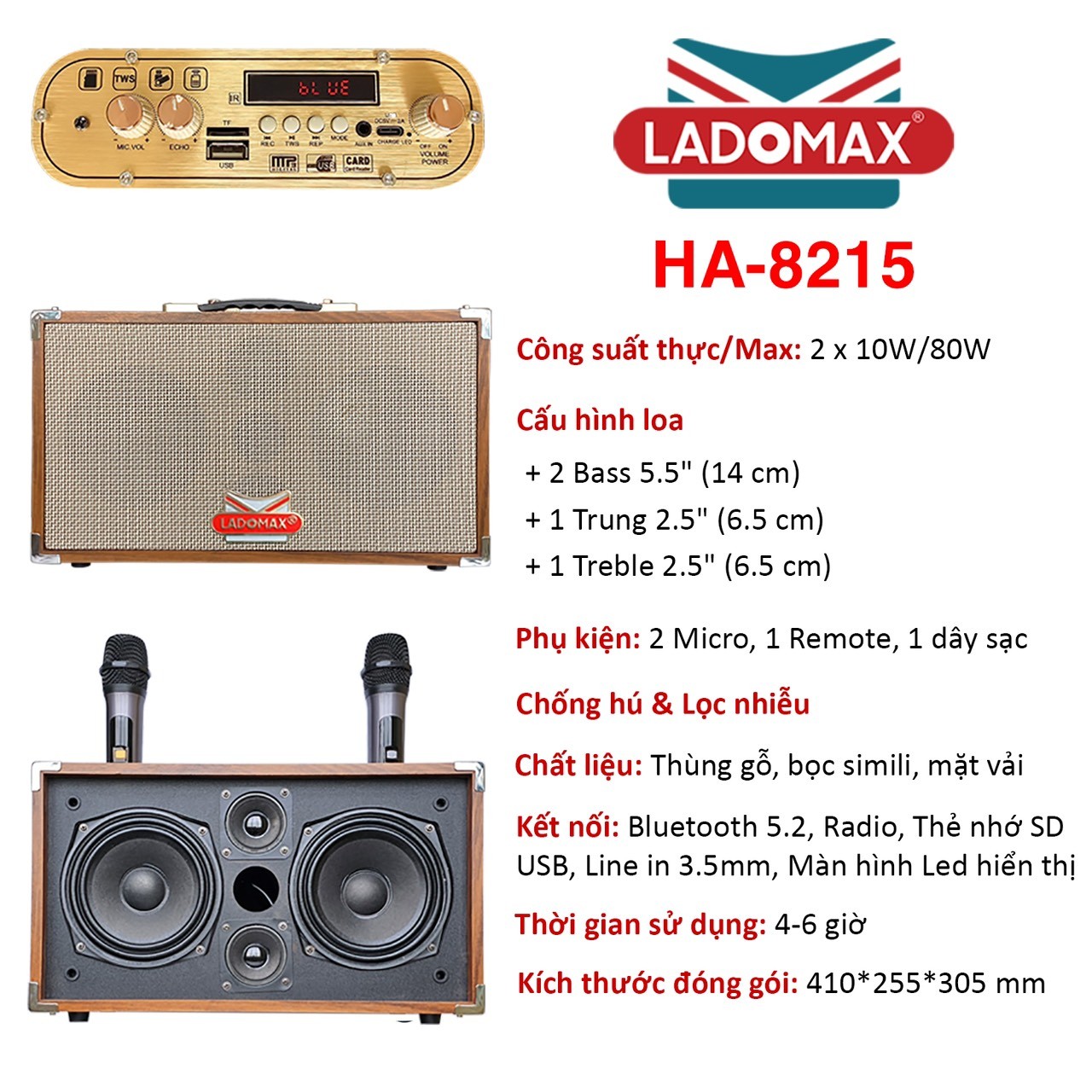 Loa karaoke xách tay 3 đường tiếng Ladomax HA-8215 có chức năng lọc nhiễu và chống hú, pin sử dụng 4 - 6 giờ - Hàng chính hãng