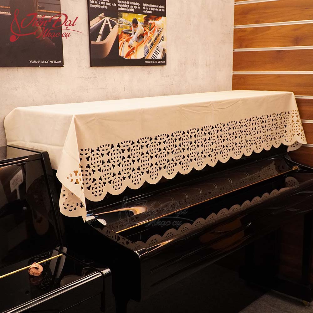 Khăn Phủ Đàn Piano KU016A, Vải Nhung Mới Lạ, Mềm Mịn, Màu Trắng Ngà, Họa Tiết Độc Đáo