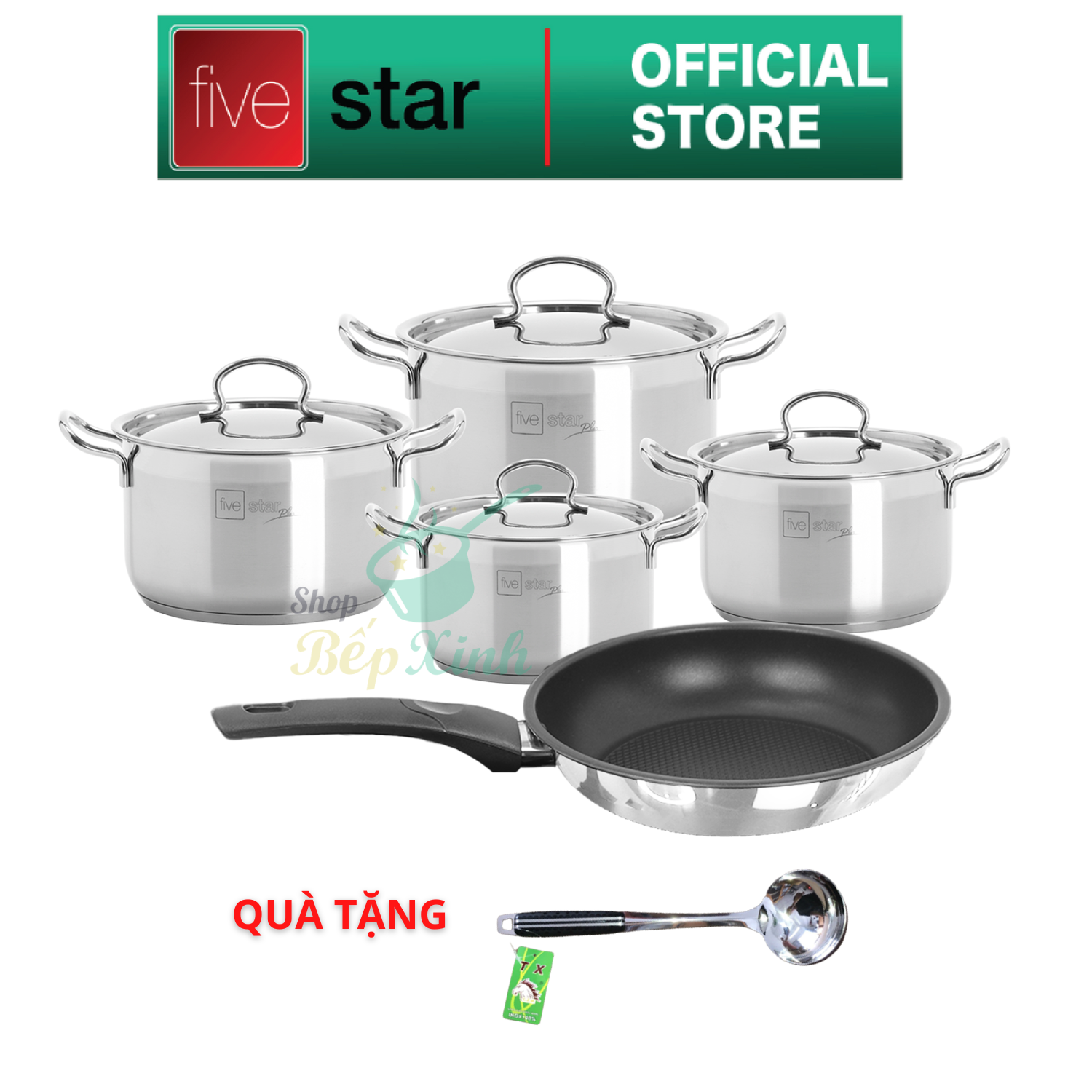 Bộ nồi chảo 3 đáy inox 304 FiveStar Plus vancover bếp từ nắp inox ( 1nồi16cm x 1nồi18cm x 1nồi20cmx 1nồi24cm x 1chảo24cm