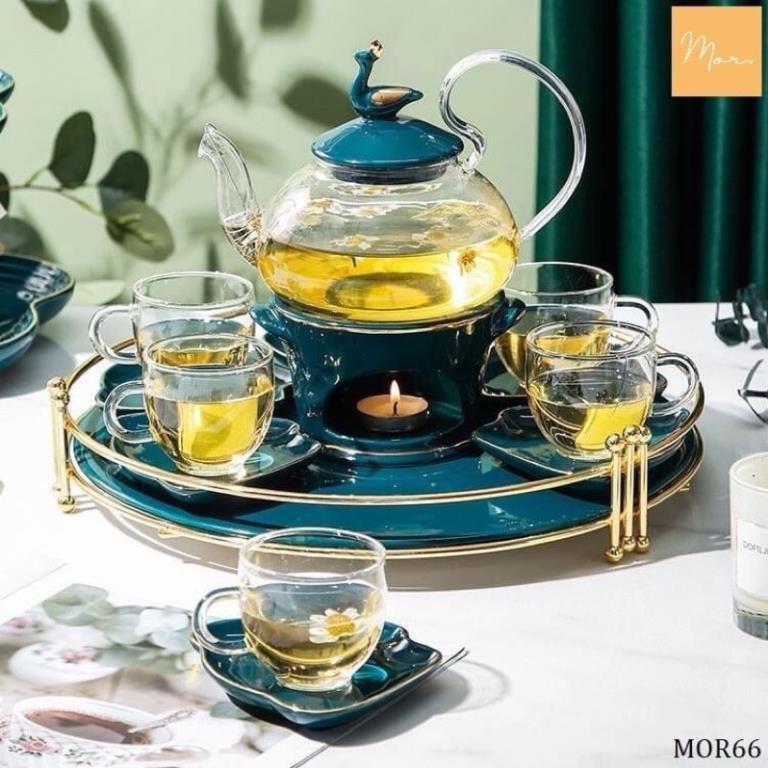 Bộ ấm chén đế nến pha trà hoa cúc ấm bằng thuỷ tinh chịu nhiệt kèm khay hình tròn BP