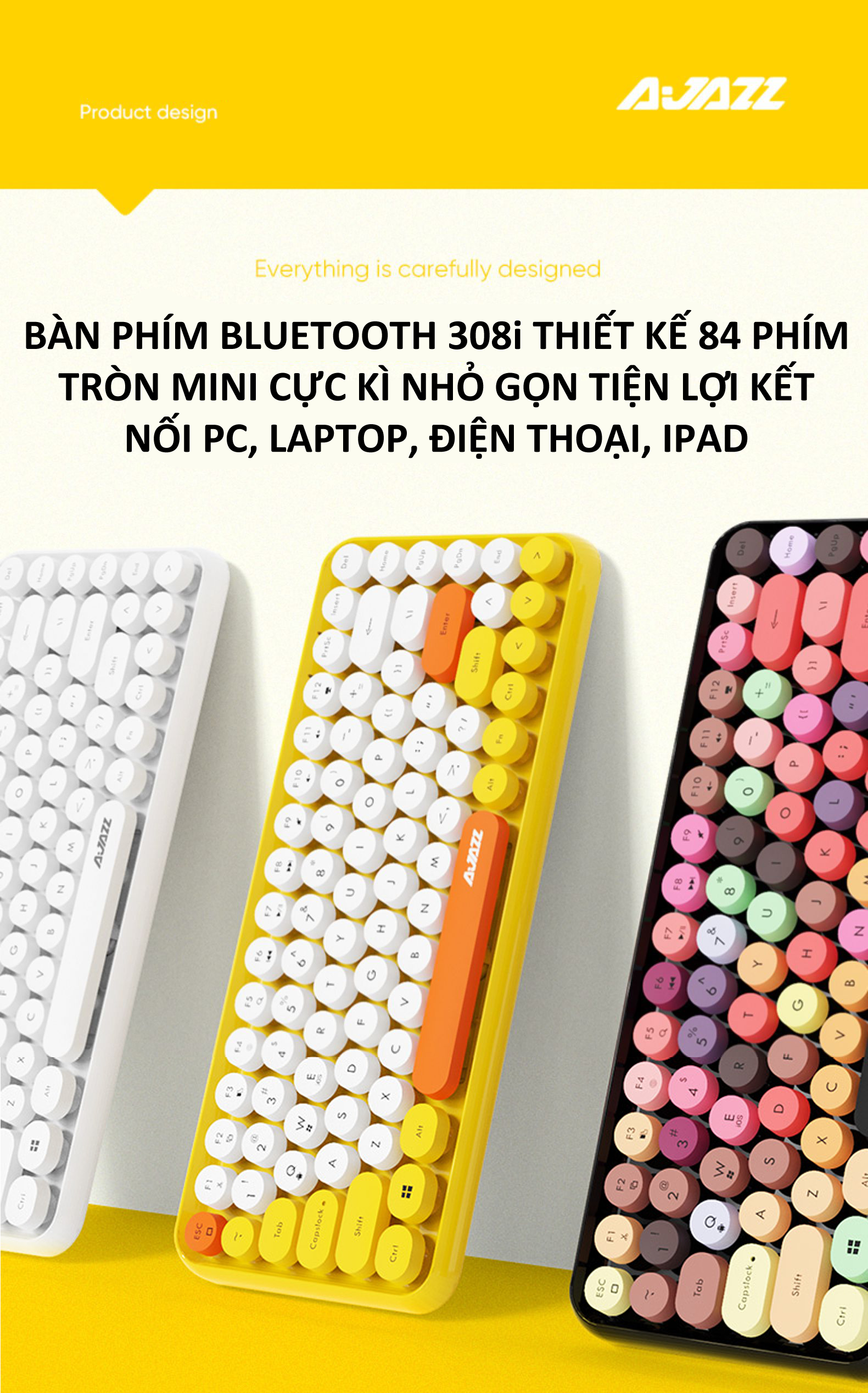 Bàn phím bluetooth Ajazz 308i thiết kế 84 phím tròn mini cực kì nhỏ gọn tiện lợi - Hàng Chính Hãng