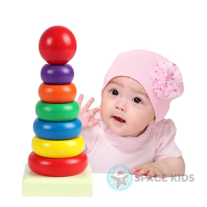 Đồ chơi gỗ cho bé Xếp Tháp gỗ thả khối cầu vồng nhiều màu cho bé