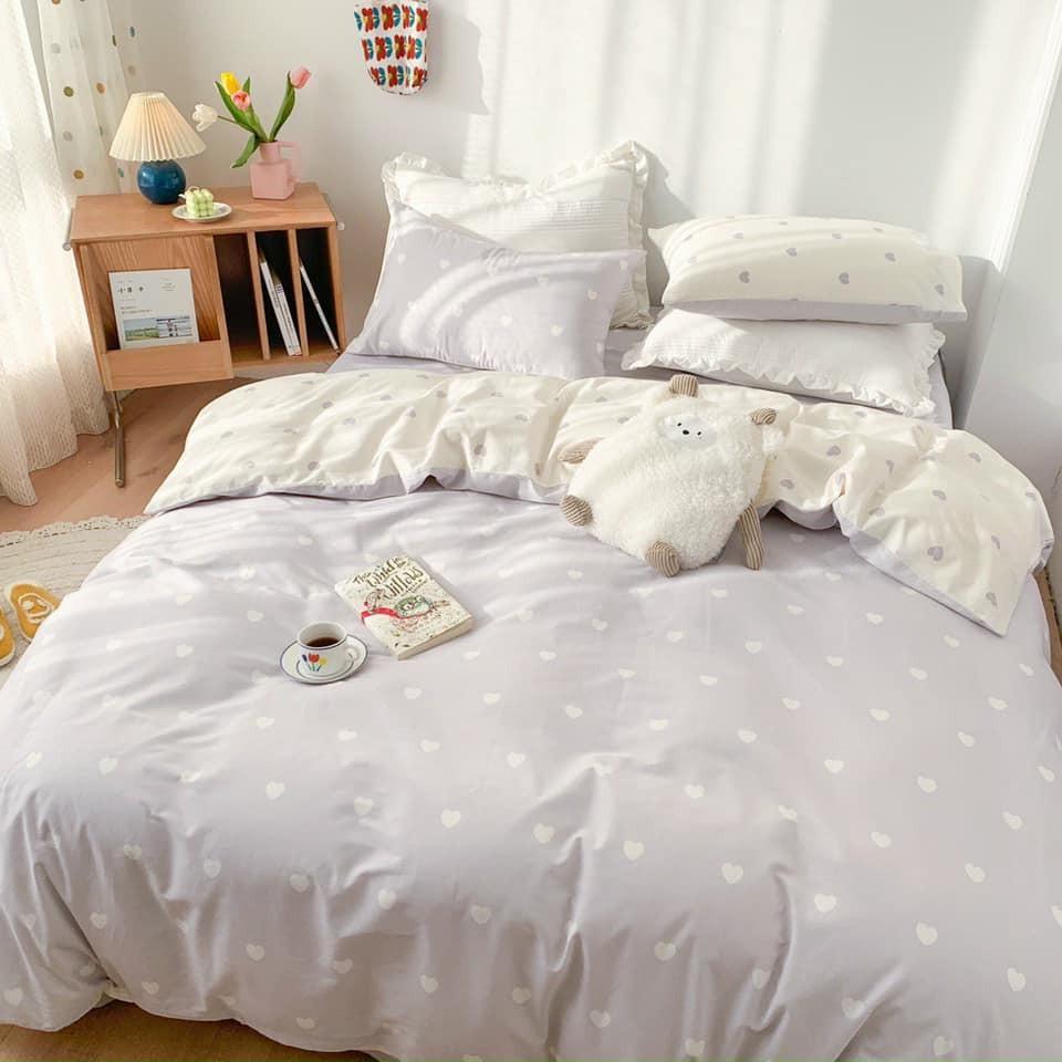 Bộ Chăn Ga Gối Cotton Poly Tim Trắng Phối Ghi