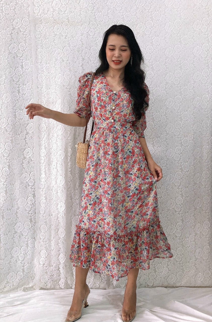 Đầm xòe voan hoa cổ tim tay phồng nhún bèo lai S&M GR193 - Hình thật do shop chụp