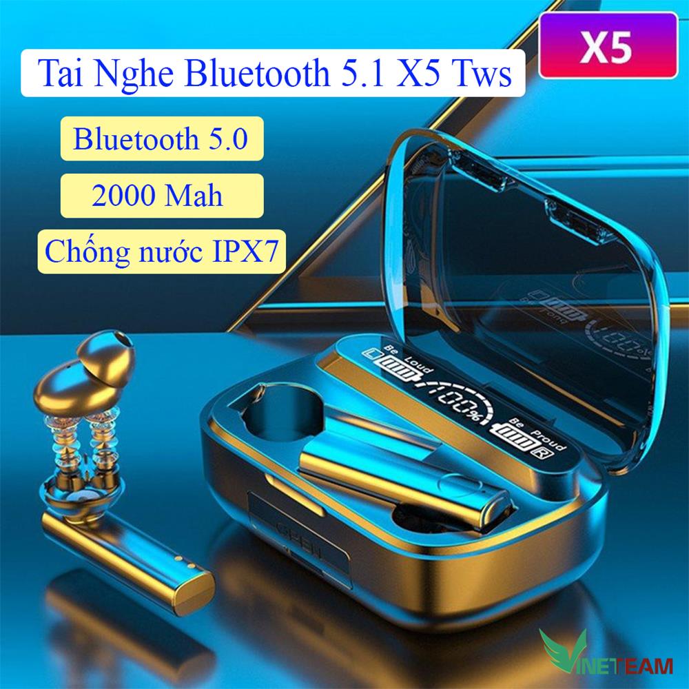 Tai Nghe Bluetooth True Wireless VINETTEAM X5 Tai Nghe Không Dây Bluetooth 5.1 Tai Nghe Nhét Tai Hiển Thị Màn Hình Led , Chống Nước, Pin 2000mah Kiêm Sạc Dự Phòng- Hàng Chính Hãng