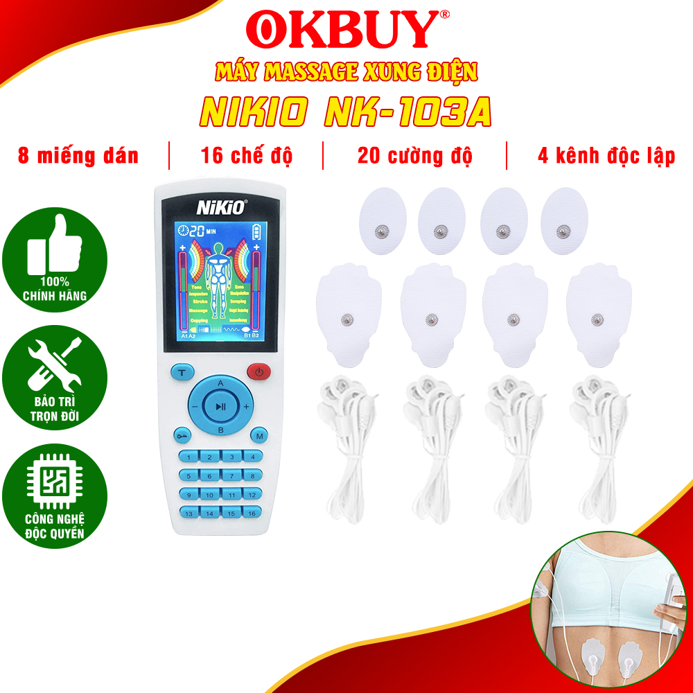 Máy massage xung điện Nikio NK-103A - 4 kênh, 8 miếng dán, 16 chế độ, 20 cường độ tùy chỉnh