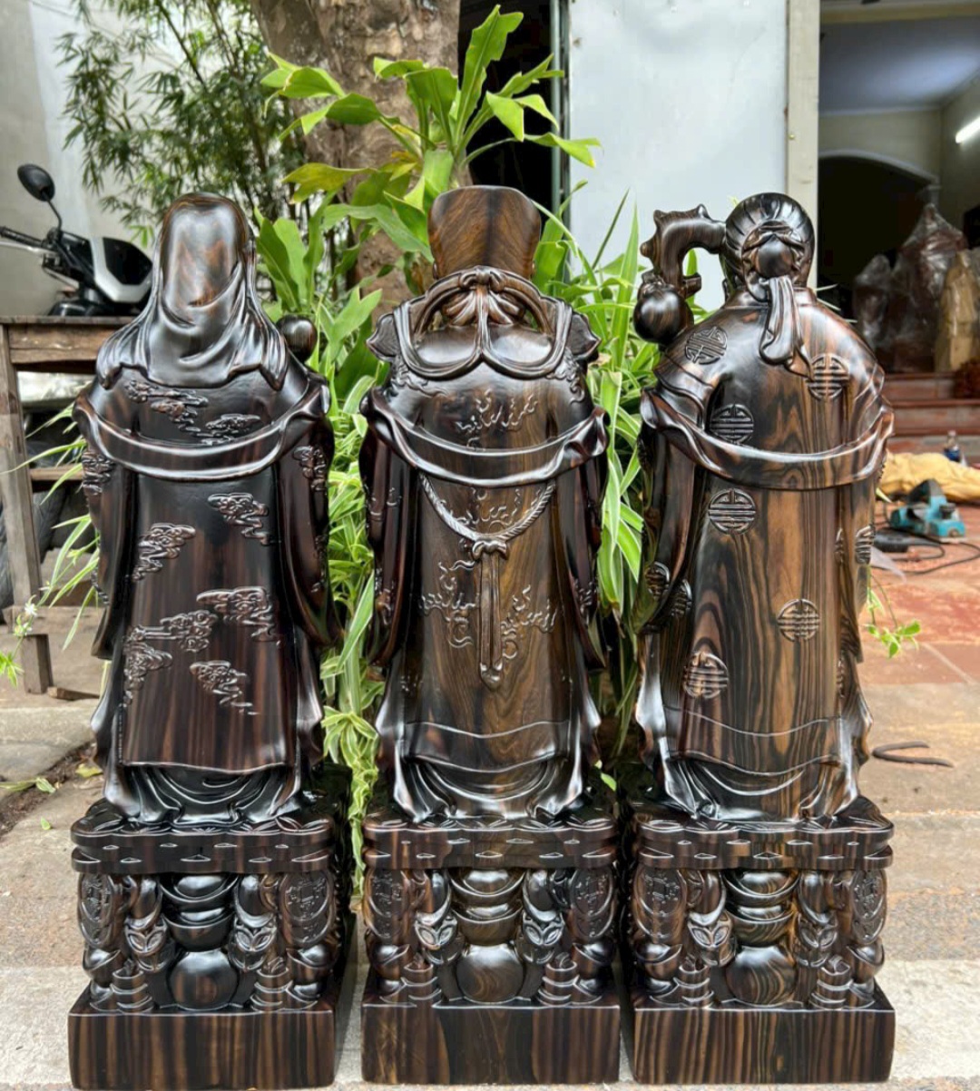 BỘ TƯỢNG PHẬT TAM ĐA PHÚC LỘC THỌ BẰNG GỖ MUN HOA KT CAO 30×11×9CM