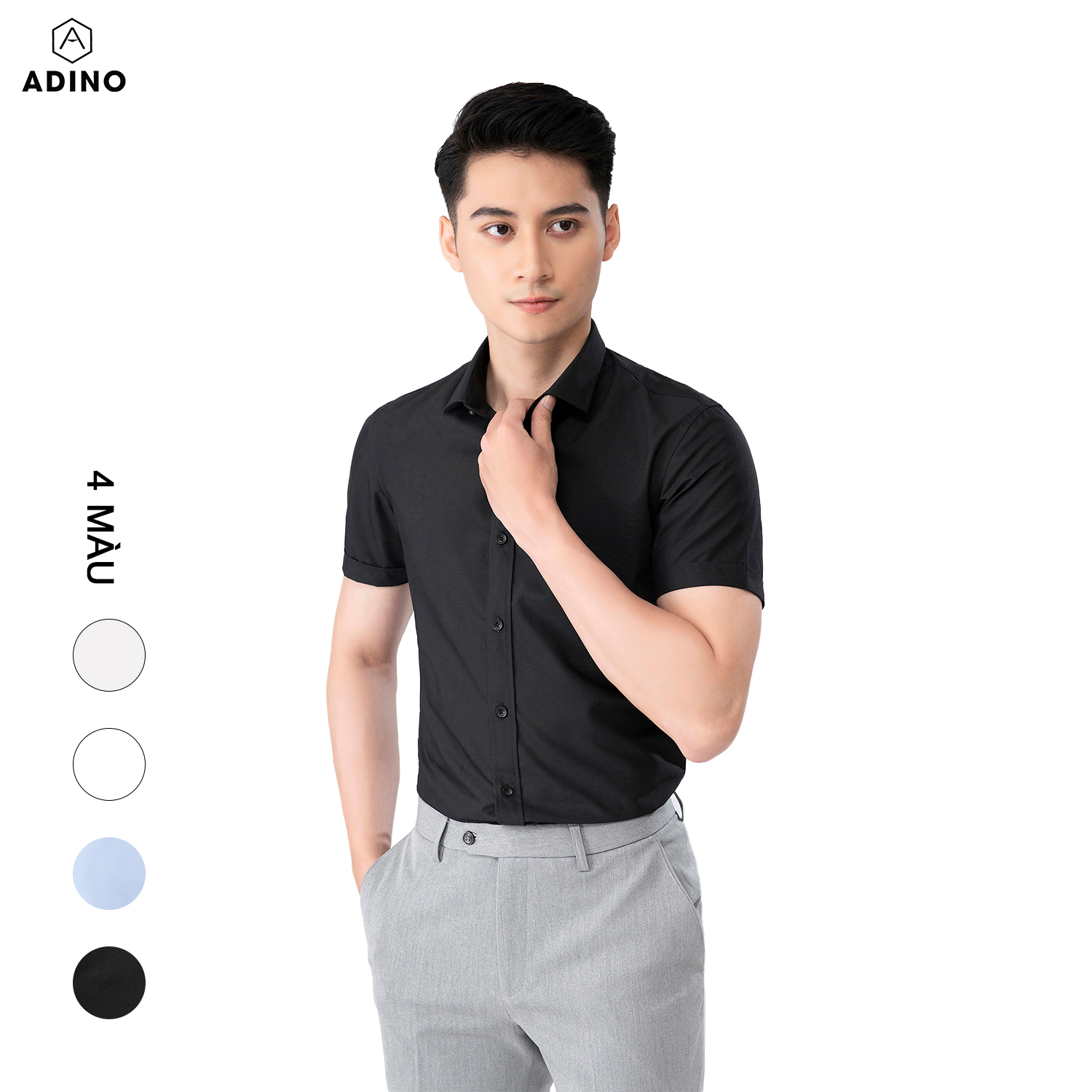 Áo sơ mi nam tay ngắn ADINO màu đen vải sợi sồi modal dáng slimfit trẻ trung CT103