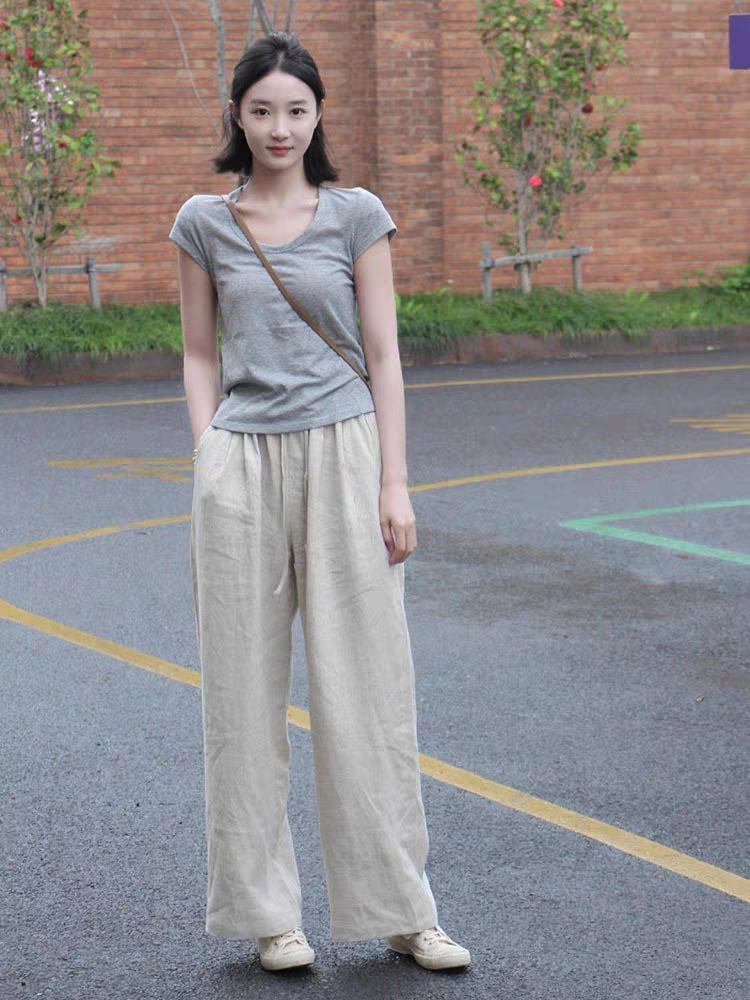 Quần dài suông linen thô cao cấp đũng ngắn lưng thun (Be Sáng)