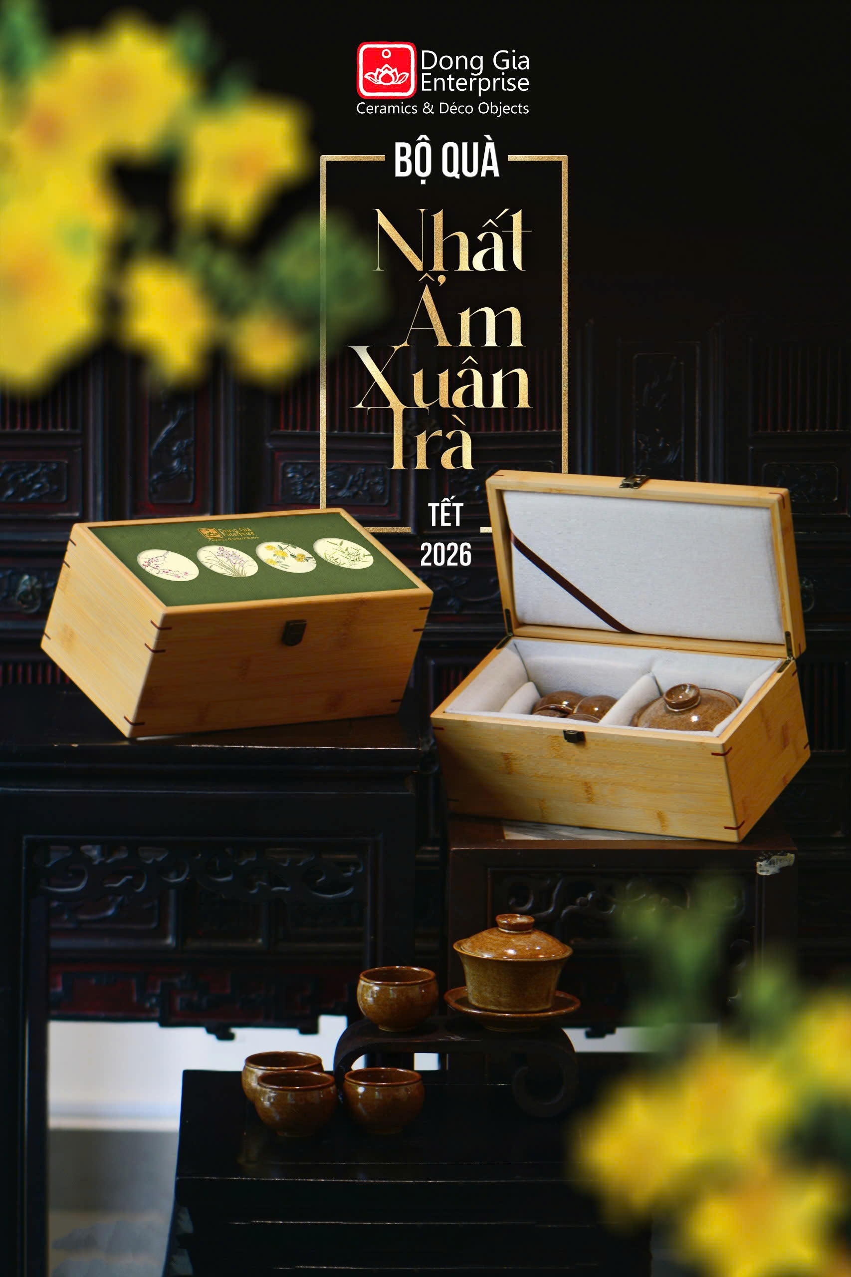 Bộ QT hộp tre khải trà + 04 chén - Men 0035 Sành