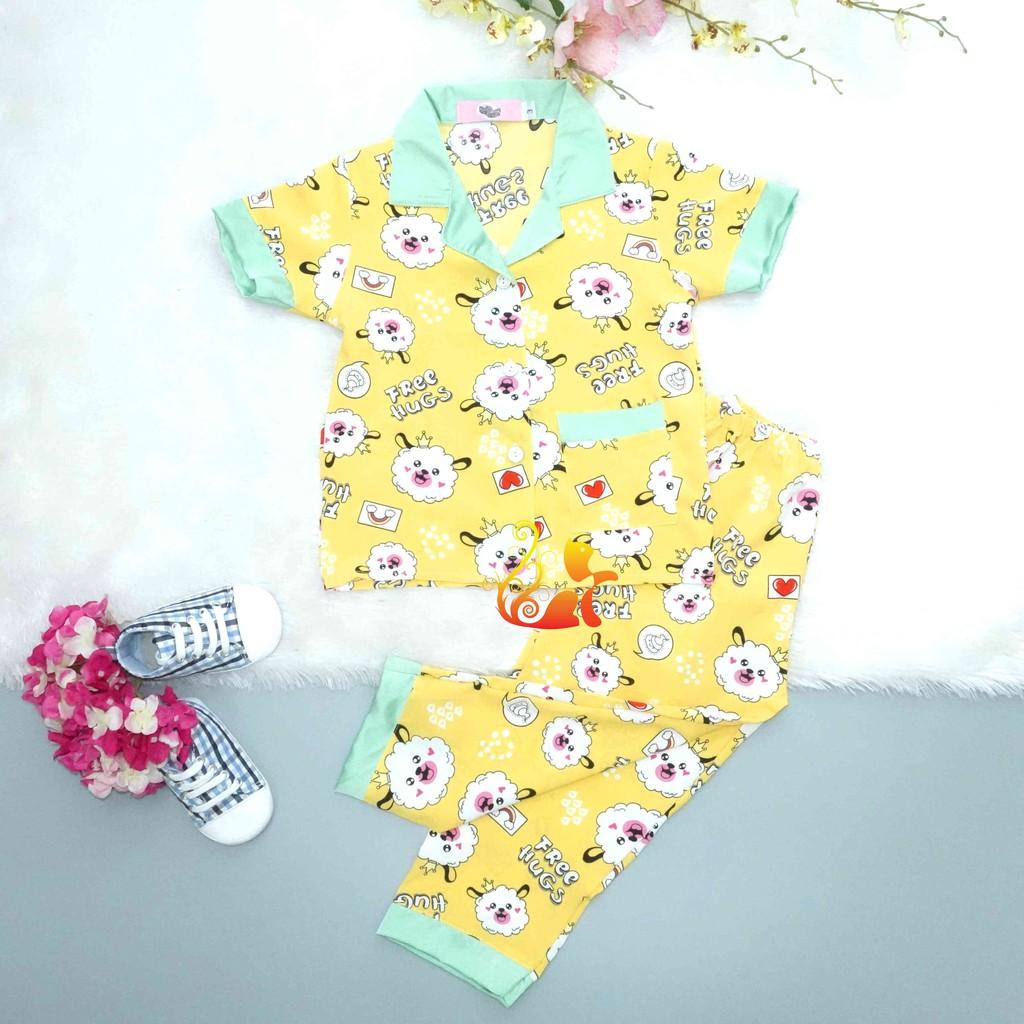 Đồ Bộ Pijama Satin Lụa Hàn &quot;Chó bông&quot; Phối Cổ Trơn Quần Dài Cho Bé - Từ 12kg - 42kg