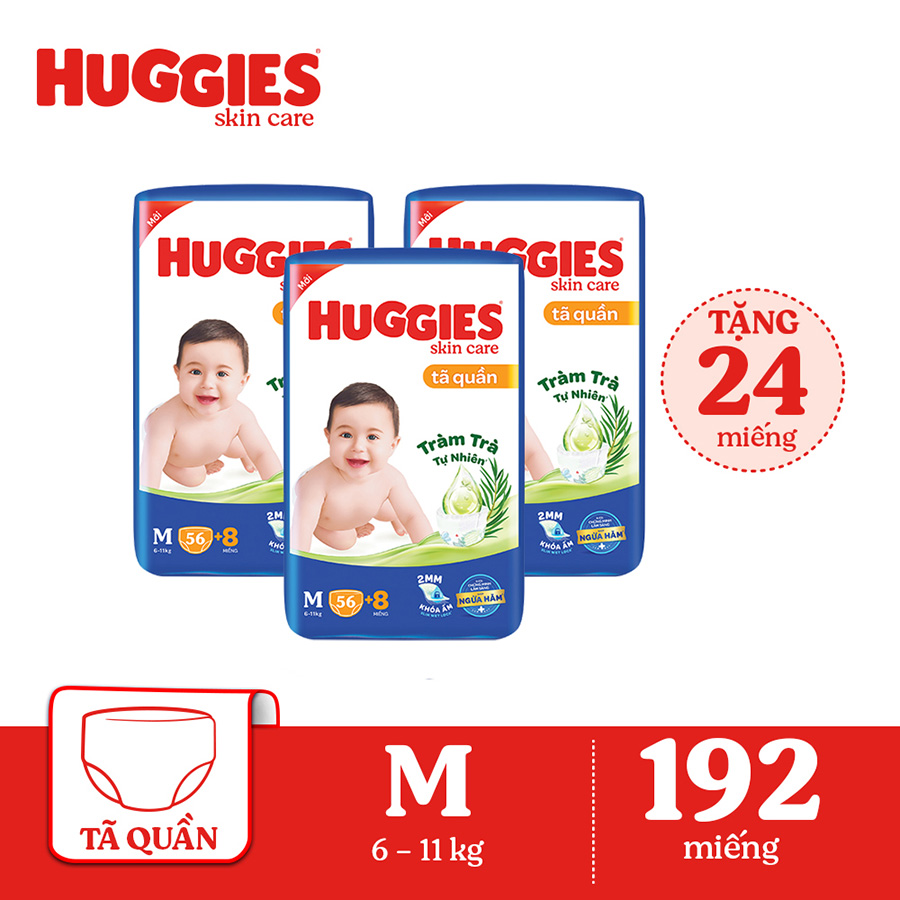 Combo 3 Tã/bỉm quần HUGGIES SKINCARE gói BIG JUMBO size M 56+8 miếng