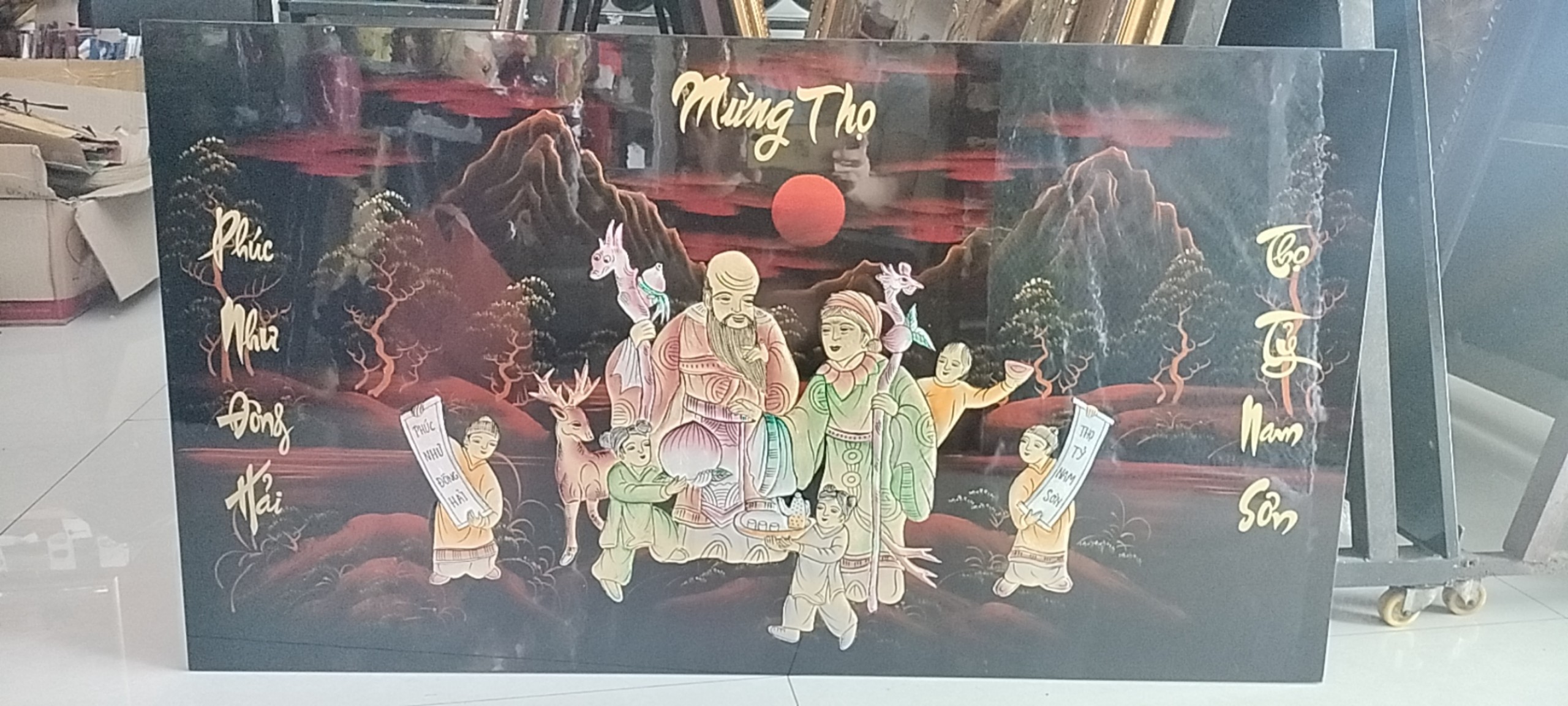 Tranh Sơn mài Phúc Lộc Thọ cẩn ốc đẹp 80x160 cm trang trí, làm quà tặng ý nghĩa