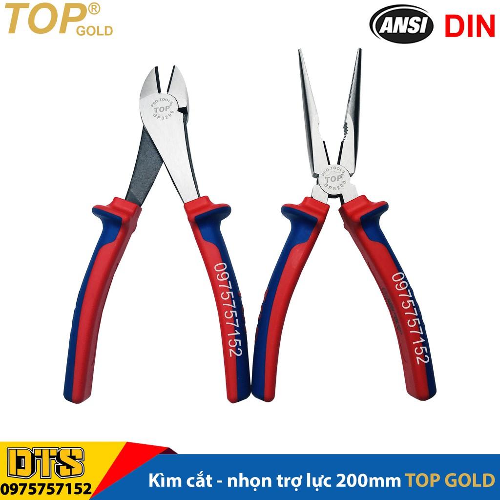 Bộ 2 kìm cắt - nhọn trợ lực chuyên nghiệp TOP GOLD 200mm, thép Hi-Cr cao cấp, thiết kế cộng lực tiết kiệm 50% lực bấm
