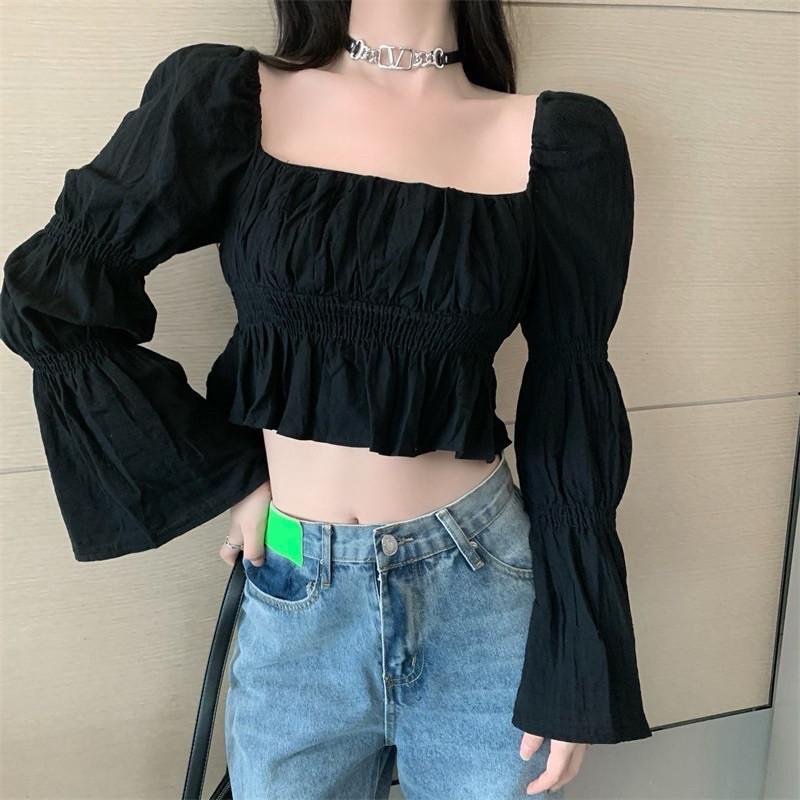Áo croptop đũi nhăn dáng cổ vuông tay loe 2021