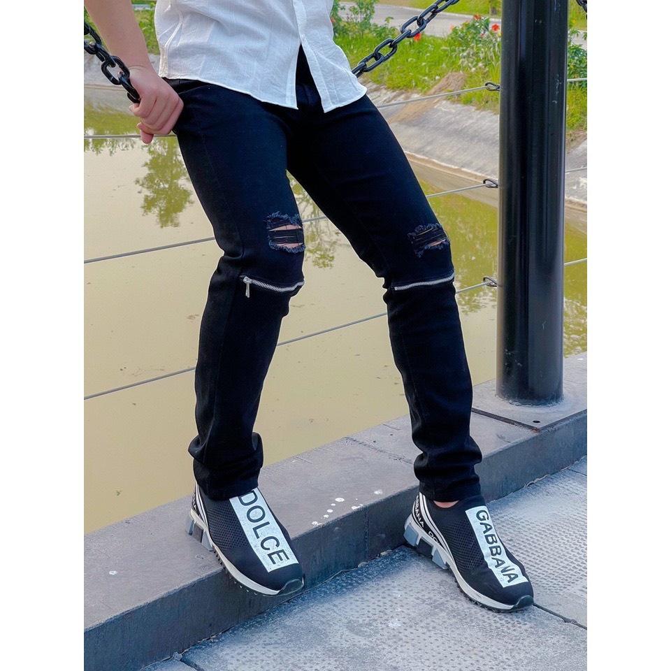 Quần Jean Khoá Gối Dáng Slim Fit, Jean nam đen