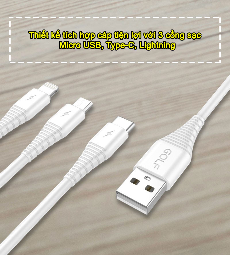 Cáp sạc đa năng Golf 3 đầu Lightning - MicroUSB - Type-C sạc nhanh 3A dài 100cm sạc 3 thiết bị cùng một lúc - Hàng chính hãng