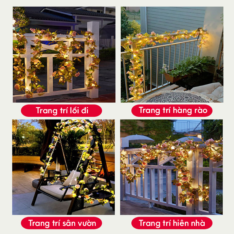 Đèn Trang Trí Năng Lượng Mặt Trời Dây Hoa Hồng, Chiều Dài 7M, 50 Bóng LED, Thắp Sáng Khu Vườn - DA3046