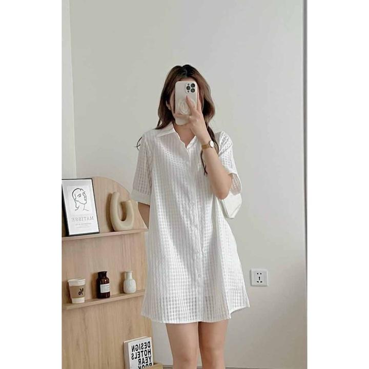 Váy sơ mi kẻ xốp dáng ngắn tay lỡ form rộng kèm lót váy 2 dây, Đầm sơmi dáng suông tay ngắn họa tiết đan thừng Ulzzang