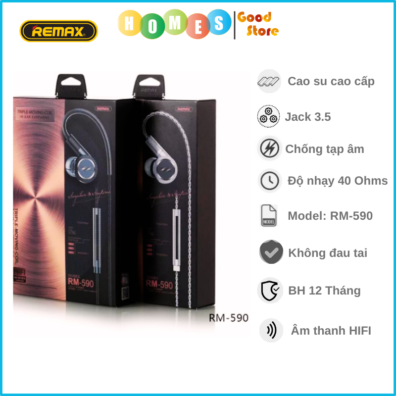 Tai Nghe In-Ear Remax RM-590 Âm Thanh HIFI Jack 3.5 - Hàng Chính Hãng