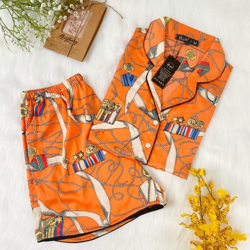 Đồ bộ Pyjama lụa, đồ mặc nhà nữ VILADY  - B134 kiểu quần đùi tay cộc, họa tiết siêu dễ thương, chất liệu lụa Pháp ( lụa latin) - Màu cam